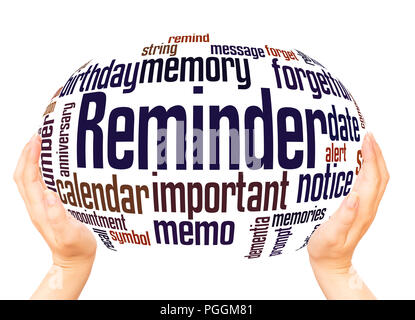 Reminder word cloud hand sphere concept on white background. Stock Photo