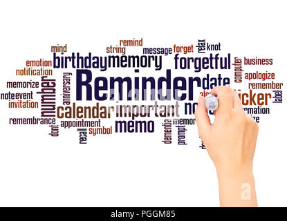 Reminder word cloud hand writing concept on white background. Stock Photo