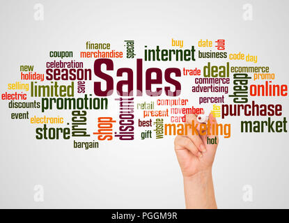 Sales word cloud and hand with marker concept on gradient background. Stock Photo