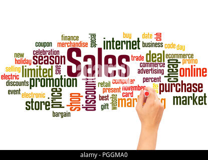 Sales word cloud hand writing concept on white background. Stock Photo
