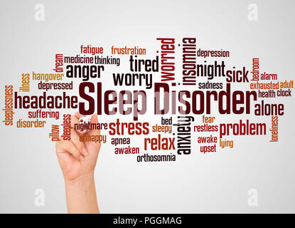 Sleep disorder word cloud and hand with marker concept on gradient background. Stock Photo