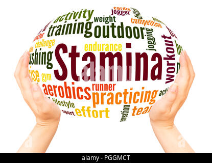 Stamina is staying power or enduring strength, word cloud hand sphere concept on white background. Stock Photo