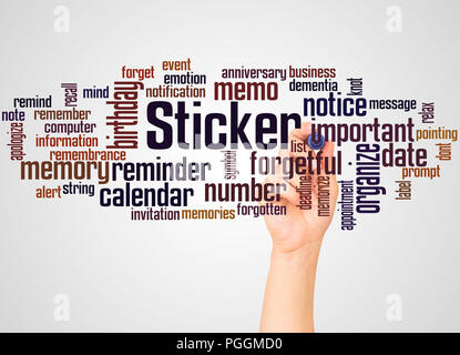 Sticker word cloud and hand with marker concept on white background. Stock Photo