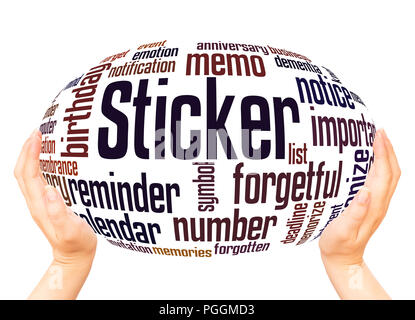 Sticker word cloud hand sphere concept on white background. Stock Photo