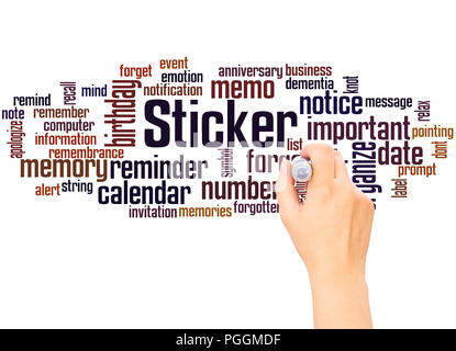Sticker word cloud hand writing concept on white background. Stock Photo