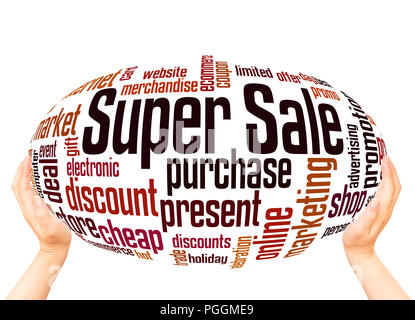 Super sale word cloud hand sphere concept on white background. Stock Photo
