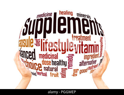 Supplements word cloud sphere concept on white background. Stock Photo
