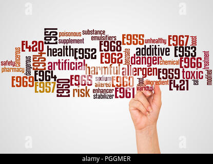 Sweeteners word cloud and hand with marker concept on gradient  background. Sweetener is a substance, most commonly a sugar substitute (artificial swe Stock Photo