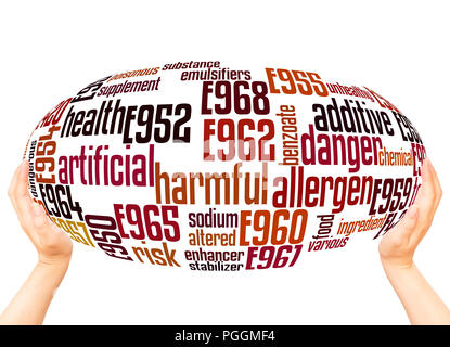 Sweeteners word cloud sphere concept on white background. Sweetener is a substance, most commonly a sugar substitute (artificial sweetener), added to  Stock Photo