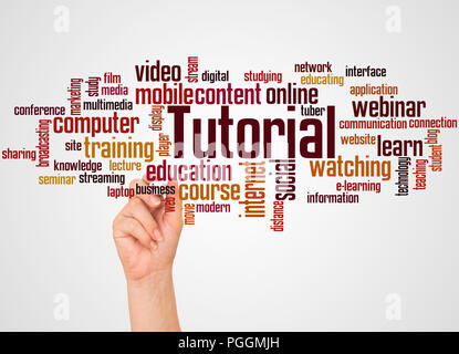 Tutorial word cloud and hand with marker concept on gradient  background. Stock Photo