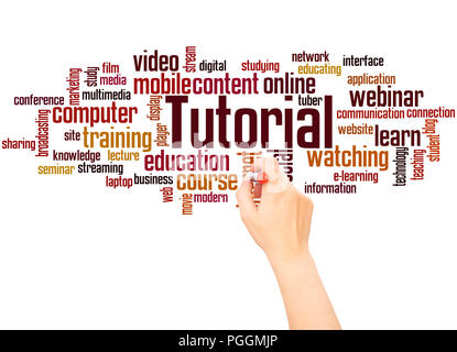 Tutorial word cloud hand writing concept on white background. Stock Photo