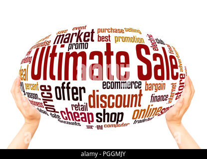 Ultimate sale word cloud hand sphere concept on white background. Stock Photo