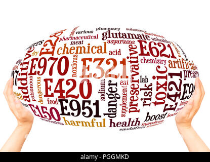 Unhealthy food additives (preservatives substances) word cloud sphere concept on white background. Stock Photo