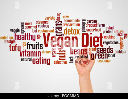 Vegan diet word cloud and hand with marker concept on gradient background. Stock Photo
