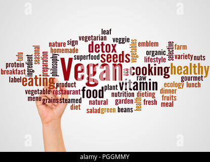Vegan word cloud and hand with marker concept on gradient background. Stock Photo