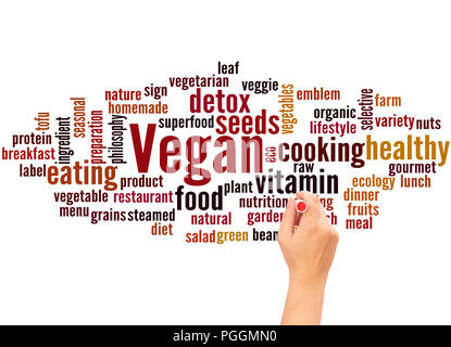 Vegan word cloud and hand writing concept on white background. Stock Photo