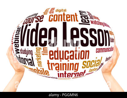 Video lesson word cloud hand sphere concept on white background. Stock Photo