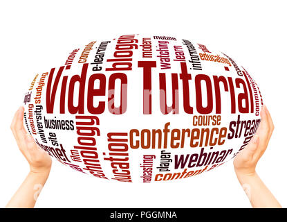 Video tutorial word cloud hand sphere concept on white background. Stock Photo