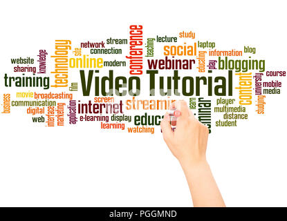 Video tutorial word cloud hand writing concept on white background. Stock Photo