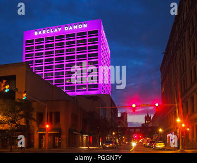 Syracuse, New York, USA. August 26,  2018. View from the corner of West Fayette and South Salina Street with the Barclay Damon Building . Illuminated  Stock Photo