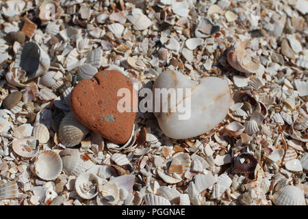 Two stones in the form of hearts lying on seashells on the sea coast. Stock Photo