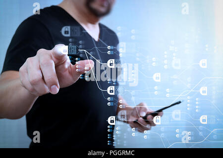 Blockchain technology concept with diagram of chain and encrypted blocks.Designer hand pressing an imaginary button,holding smart phone,digital screen Stock Photo