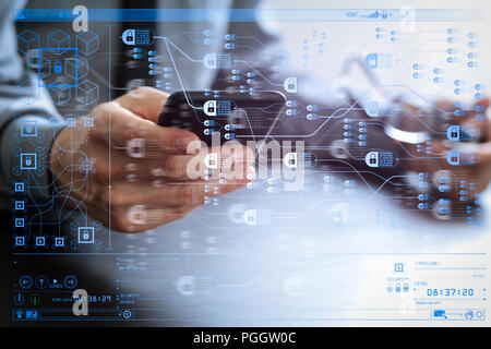 Blockchain technology concept with diagram of chain and encrypted blocks. businessman working with mobile phone and eyeglass on wooden desk in modern  Stock Photo