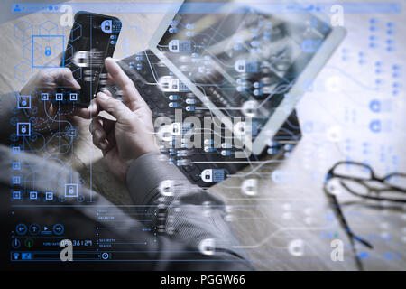 Blockchain technology concept with diagram of chain and encrypted blocks.Businessman hand working concept. Photo professional investor working with ne Stock Photo
