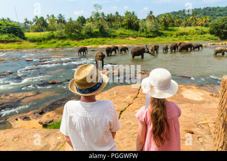 Kids watching Sri Lankan elephants at riverbed drinking water Stock Photo