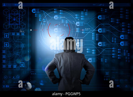Blockchain technology concept with diagram of chain and encrypted blocks. Stock Photo