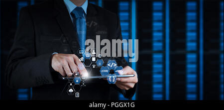Coding software developer work with augmented reality dashboard computer icons of scrum agile development and code fork and versioning with responsive Stock Photo