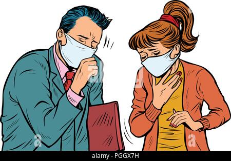 man and woman in masks, dirty air, illness infection Stock Vector
