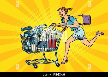 woman on sale of home appliances. shopping cart shop trolley Stock Vector