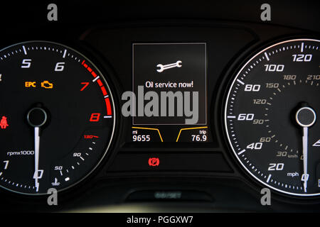 Warning sign for Oil service on a Seat Leon Cupra dashboard. Stock Photo