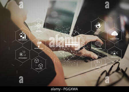 Futuristic in Industry 4.0 and business virtual diagram with Ai, robot assistant, Cloud, big data and automation. business concept.Businessman working Stock Photo