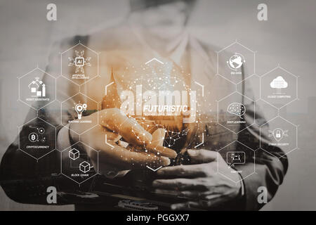 Futuristic in Industry 4.0 and business virtual diagram with Ai, robot assistant, Cloud, big data and automation. success businessman open his hand of Stock Photo