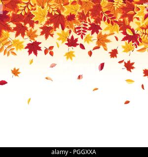 Autumn falling leaves. Nature background with red, orange, yellow foliage. Flying leaf. Season sale. Vector illustration. Stock Vector