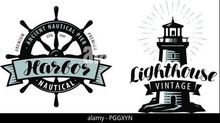 Lighthouse, sea pier, harbour logo or label. Nautical concept. Typographic design vector Stock Vector