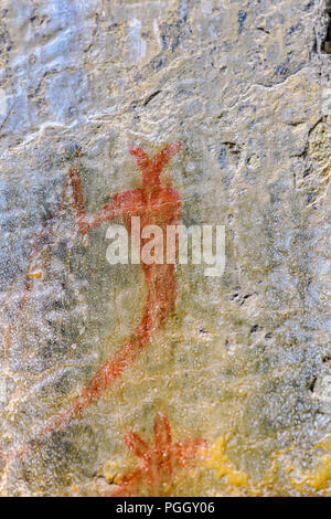 Pictographs of humans and animals painted with ochre in Grotto Canyon, about 65 kilometres west of Calgary. Stock Photo