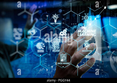 Machine learning technology diagram with artificial intelligence (AI),neural network,automation,data mining in VR screen.businessman hand working with Stock Photo