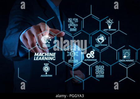 Machine learning technology diagram with artificial intelligence (AI),neural network,automation,data mining in VR screen.businessman hand pointing the Stock Photo
