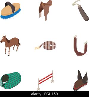 Horse stable icons set, isometric style Stock Vector