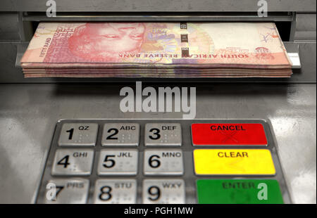 A closeup view of an atm facade with an illuminated sceen and keypad and a wad of south african rand banknotes being withdrawn from the cash slot - 3D Stock Photo