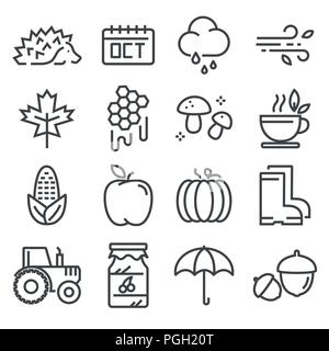 Collection of autumn icons. Isolated vector. Rain, forecast, tea, honey, apple umbrella jam and more Stock Vector