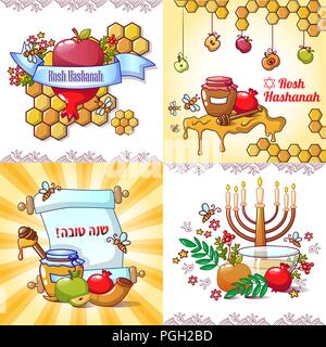Rosh Hashanah banner concept set, cartoon style Stock Vector
