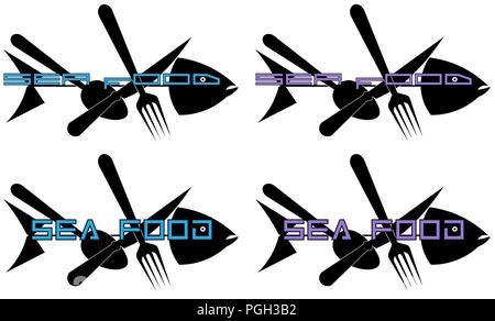 silhouette of fish with knife, fork and spoon seafood minimalism art logo Stock Vector