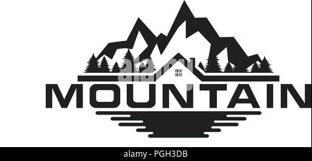 Illustration of mountain, trees, house and field logo design Stock Vector