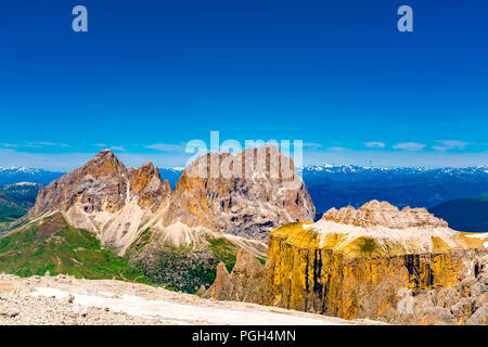 View of the limestone mountain of Italian Alps the Dolomites against the blue sky at Sass Pordoi in South Tyrol, Italy Stock Photo