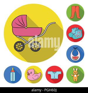 Birth of a baby flat icons in set collection for design. Newborn and accessories vector symbol stock  illustration. Stock Vector