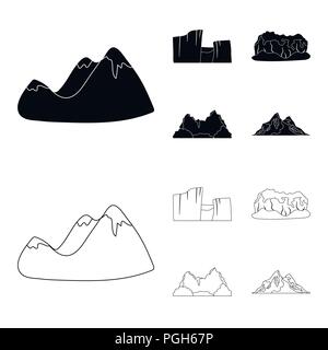 Green mountains with snow tops, a canyon, rocks with forests, a lagoon and rocks. Different mountains set collection icons in black,outline style vect Stock Vector